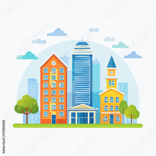 Colorful Cityscape With Modern And Traditional Buildings