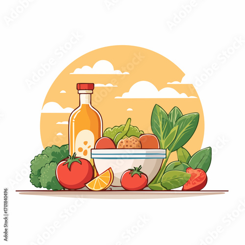 Pixel Art Fresh Produce and Orange Juice with Sunset Background
