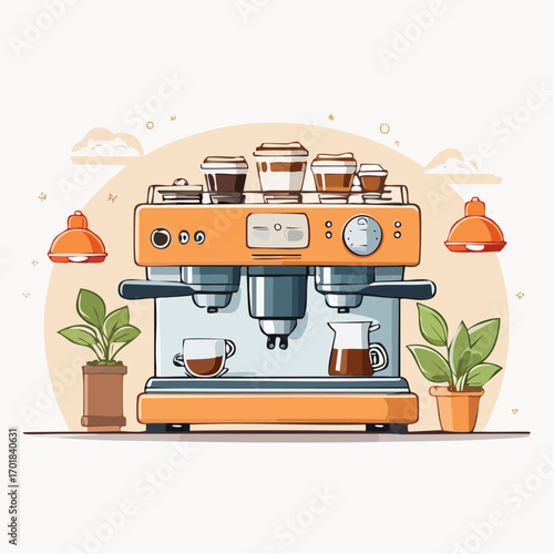 Pixel Art Orange Coffee Machine with Coffee Cups and Plants