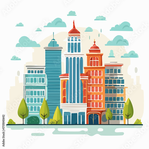 Colorful Pixel Art Cityscape With Buildings And Trees
