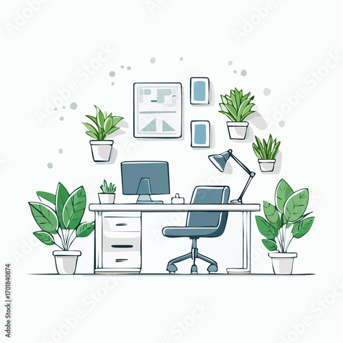 Modern Home Office With Green Plants And Desk