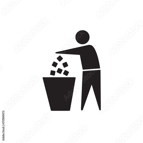 Black and white pictogram of a human figure disposing of litter in a garbage can, representing environmental tidiness and recycling