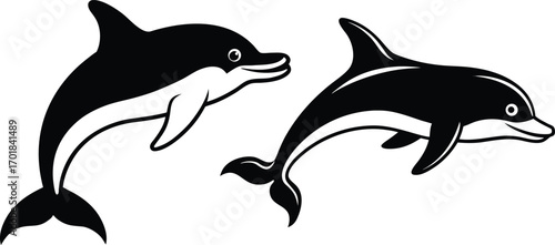 Two dolphins swimming in the ocean in black and white vector illustration