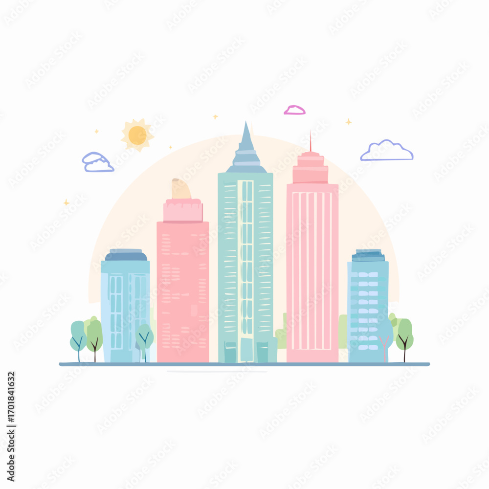 Fototapeta premium Pastel Cityscape with Stylized Buildings and Trees