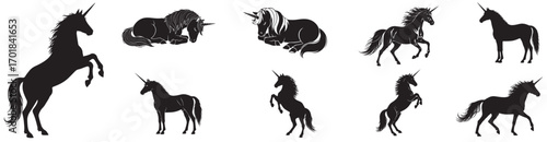 A set of unicorn silhouettes in various poses including standing rearing and lying down on a white background