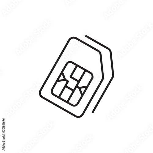 Minimalist line art icon of a mobile phone SIM card, a microchip for cellular network connectivity and telecommunication, isolated on a white background