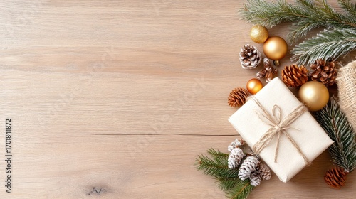 Festive Holiday Elements: A top-down composition presents holiday gifts and decorative ornaments artfully arranged on a wooden surface, exuding warmth and the spirit of celebration.