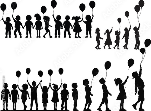Silhouette of children holding balloons walking in a row together happily