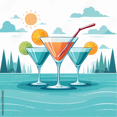 Three Pixel Art Cocktails With Citrus Garnish In A Tropical Setting