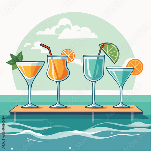 Pixel Art Summer Cocktails on Wooden Tray in Ocean