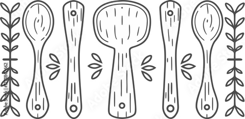 ink illustration of handmade wooden kitche vintage