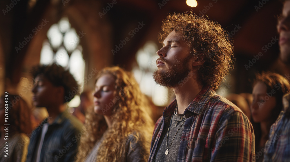 Fototapeta premium Young people praying in church together