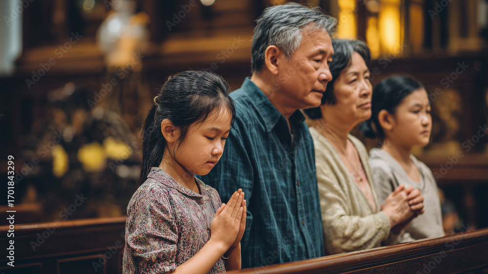 Obraz premium Asian family praying together in church