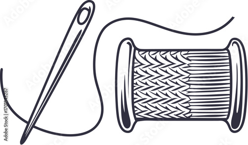 thread spool and needle hand drawn illustr sewing
