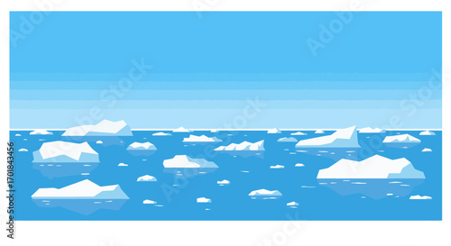 Arctic Landscape with Icebergs Floating in Blue Water Flat Vector Illustration.