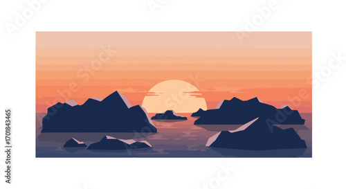 Serene Sunset Over Water with Rocky Islands Silhouette Vector Illustration.