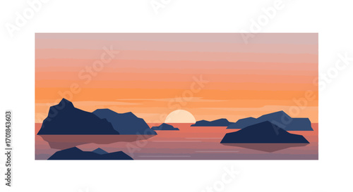 Serene Sunset Over Water with Rocky Islands Silhouette.