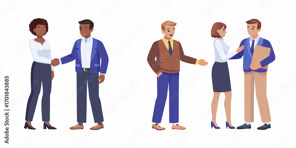 Fototapeta premium Diverse business professionals in smart casual attire engaging in handshakes and conversations