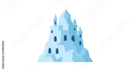 Stylized Light Blue Ice Castle with Towers and Arched Windows.