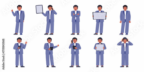 Collection of diverse poses and actions of a business man in a blue suit