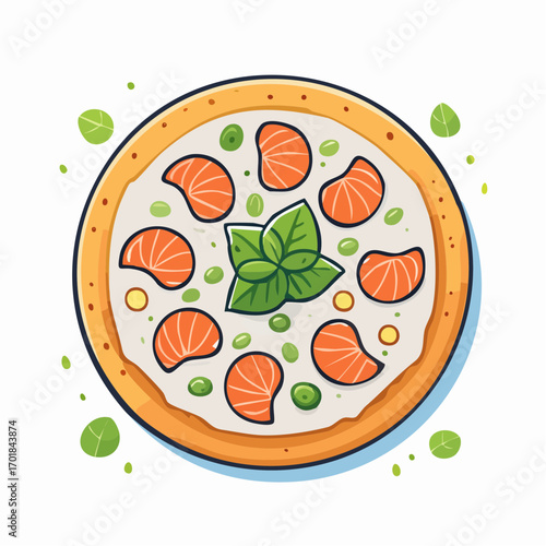 Salmon and Pea Pizza With Basil Garnish Pixel Art Illustration