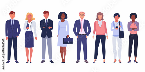 Diverse group of business professionals standing together in a line wearing smart casual attire