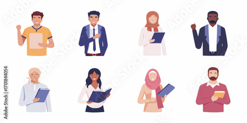 Diverse group of people holding books and papers representing education and learning