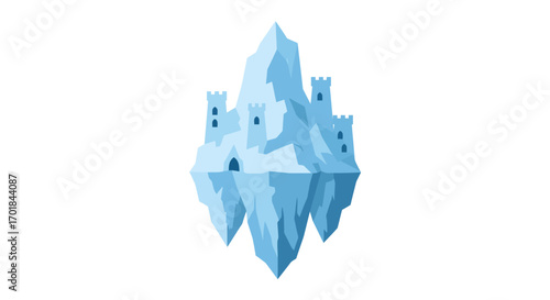 Ice Castle Fortress with Towers and Mountain Peak.