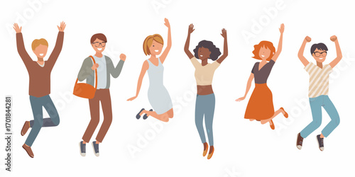 Diverse group of happy people jumping in the air celebrating success and freedom