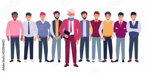 Diverse group of men in stylish business casual attire standing together in a line