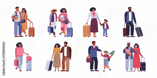 Diverse group of people and families traveling with luggage and bags on a white background