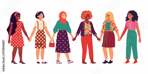 Diverse group of women holding hands together celebrating unity and friendship across different cultures