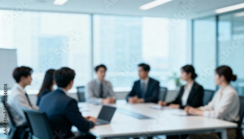 Blurred Corporate Team Meeting in Modern Office Setting, Diverse Business Professionals Collaboration Around Conference Table