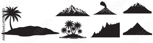 Black silhouettes of islands with palm trees and mountains including a volcano emitting smoke