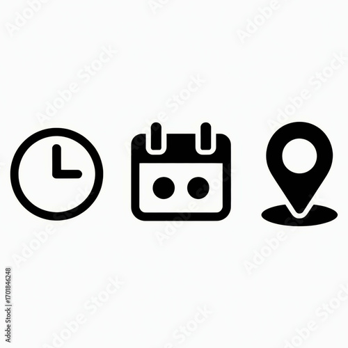 An illustration of a clock calendar and location pin in black outline on transparent background silhouette