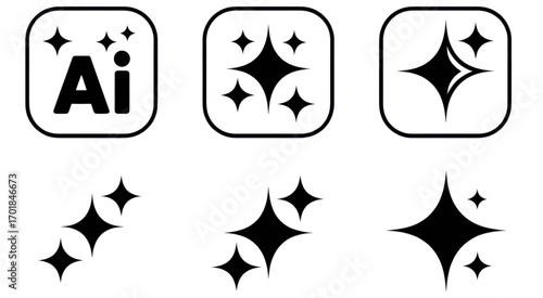 Illustrations showing adobe illustrator icon and sparkle elements black on transparent background silhouette