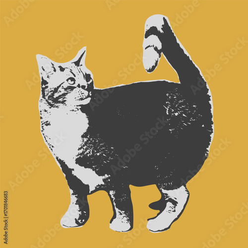Cat collage element with vintage stippling photocopy effect. Retro vector illustration for surreal poster, with experimental grunge dotted texture 