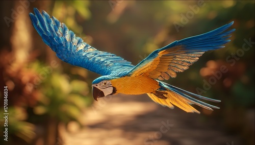 Blue and Yellow Macaw Soaring in Flight over Amazon Rainforest Path with Blurred Green Tree Background in Close-Up Nature Wildlife Photography
