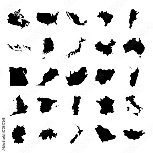 country map collection. country map vector icons. isolated on white background. country map in silhouette style. vectors