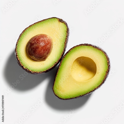 Fresh Ripe Avocado Cut in Half with Seed on White Background