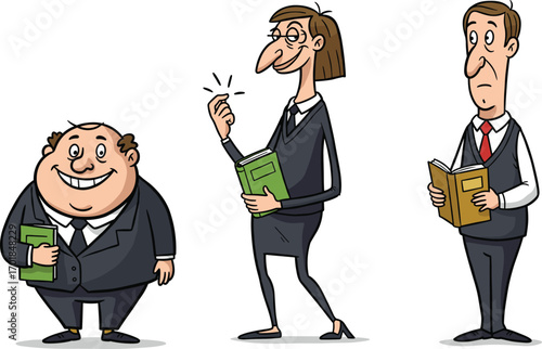 Cartoon characters in formal attire holding books, expressive poses, diverse personalities, educational theme, character design vector illustration set