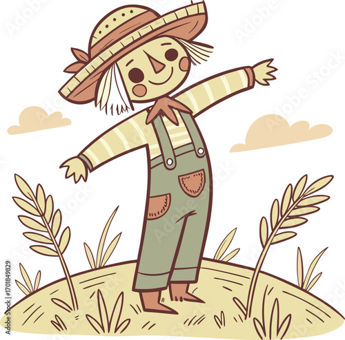 Cute scarecrow with straw hat and overalls in a field