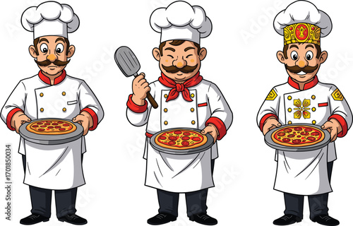 Cartoon chefs holding pizza in different uniforms, culinary character set, cooking poses, restaurant theme, vector illustration for food design