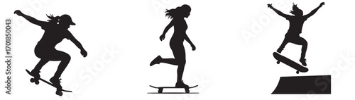 Silhouettes of women skateboarding performing tricks and riding on a white background in a collage style