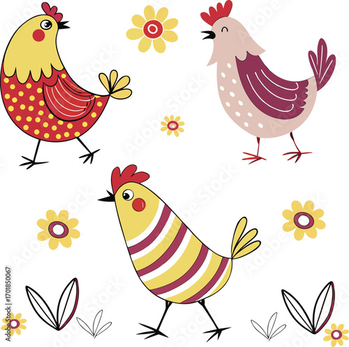 Three cartoon chickens and yellow flowers bird fowl