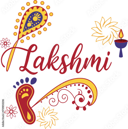 Lakshmi calligraphy with diwali diya and footprints
