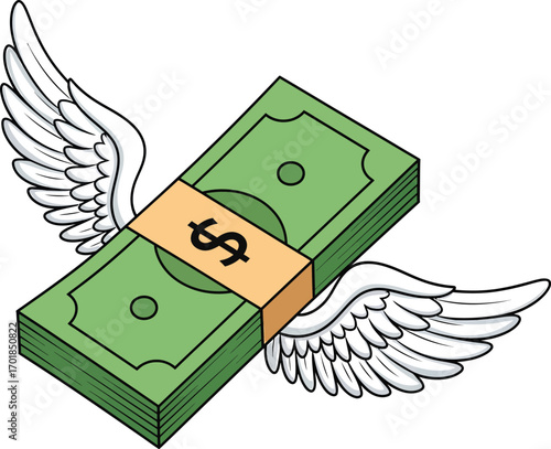 Flying Money Illustration – Dollar Banknotes with Wings Symbolizing Financial Loss and Spending