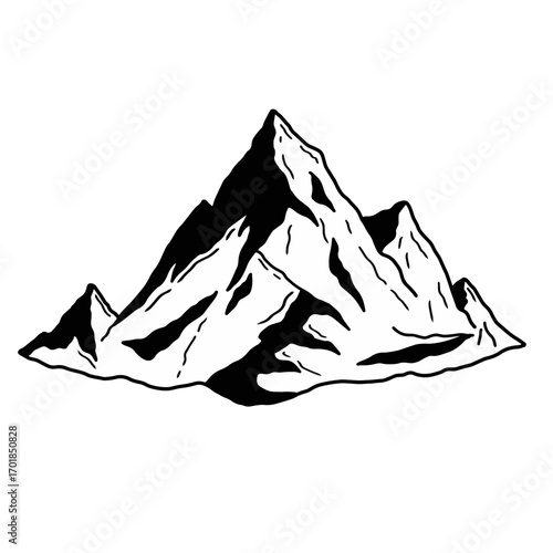 Hand drawn mountain range in black outline sketch style vector illustration