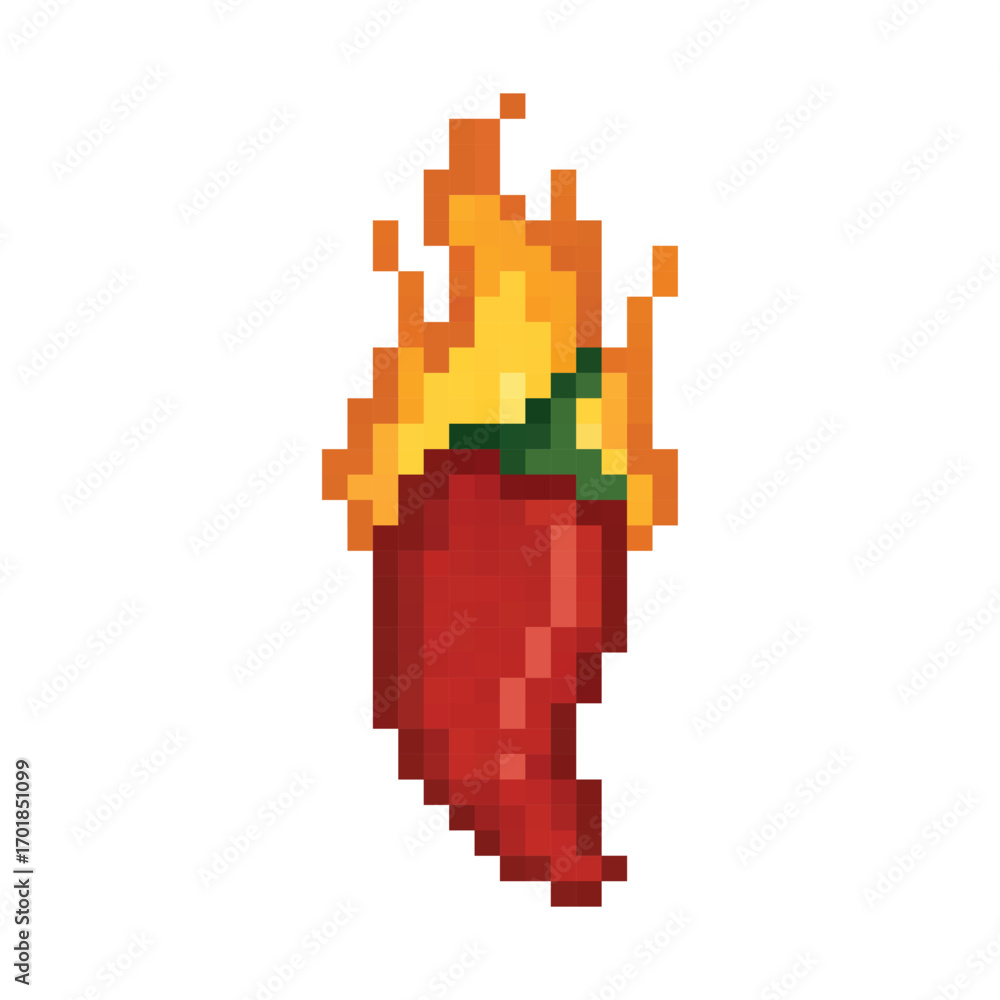 Obraz premium pixel art chili pepper on fire 8 bit icon vector for game, logo