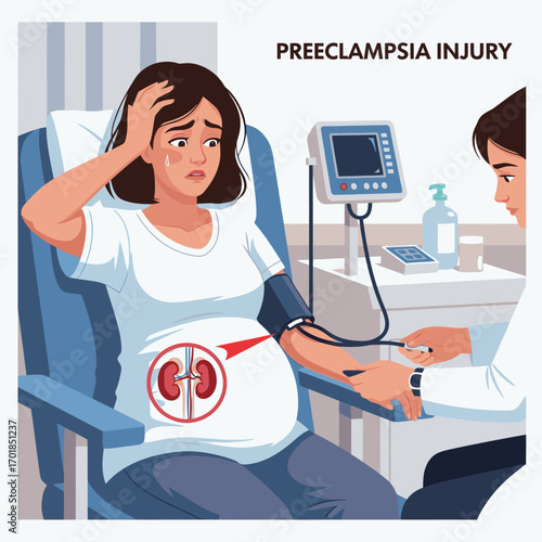 Worried pregnant woman undergoing medical checkup for preeclampsia, healthcare concept